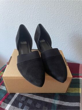 Eileen Fisher Black Suede D’Orsay Pumps Size 6 Pointed Toe Block Heel